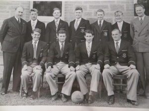 Jim (front row, second from the left) as captain of the waterpolo team and myself as goalie (back row, second from the right)